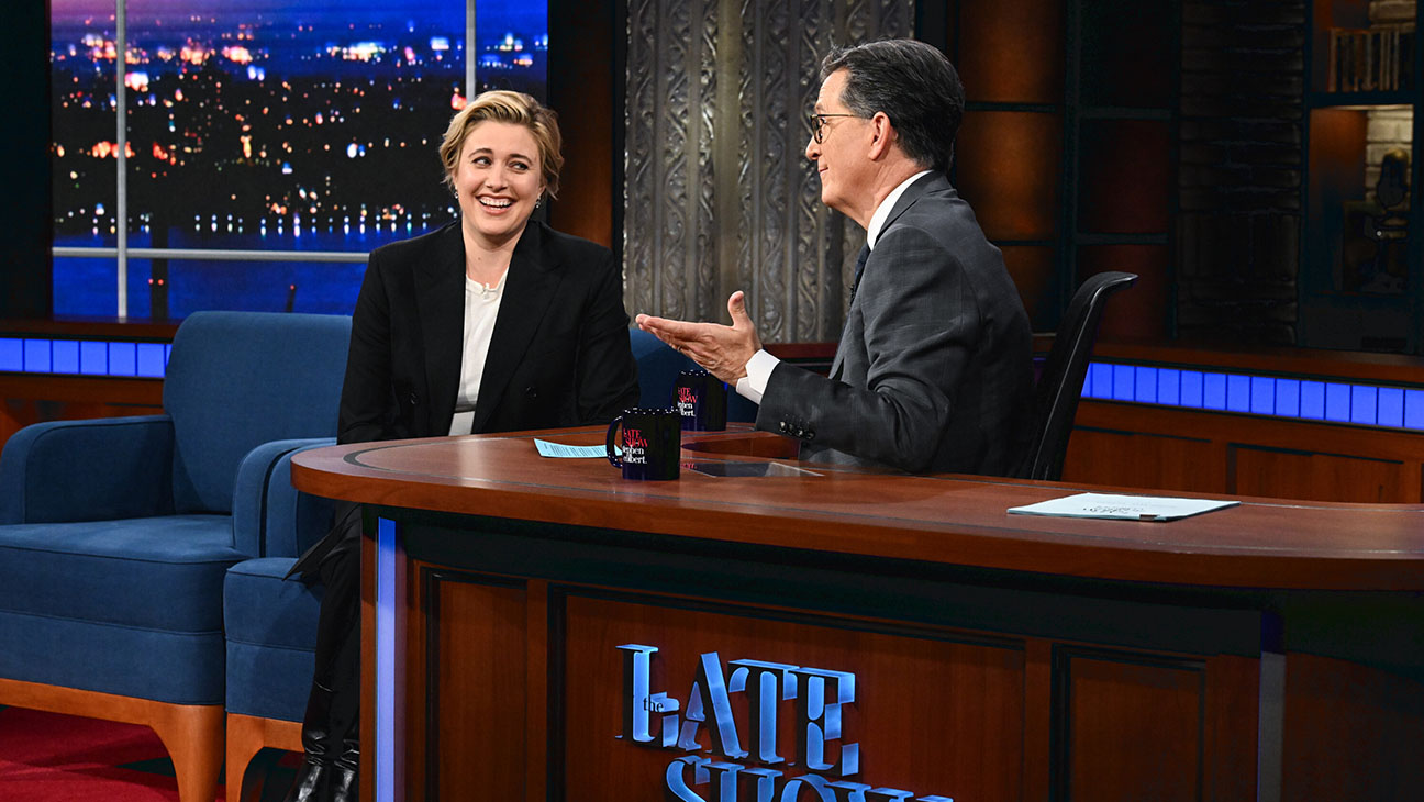 The Late Show with Stephen Colbert and guest Greta Gerwig during Thursday’s December 14, 2023 show.
