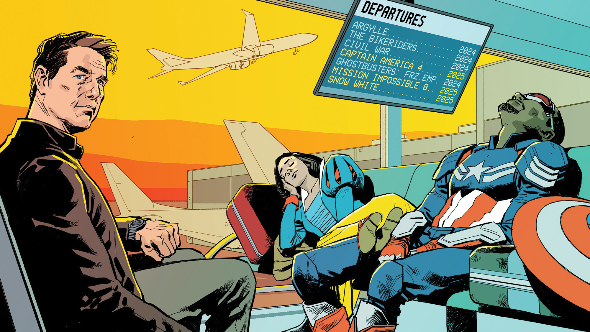 illustration of movie characters Ethan Hunt, Snow White and Falcon waiting in an airport boarding area